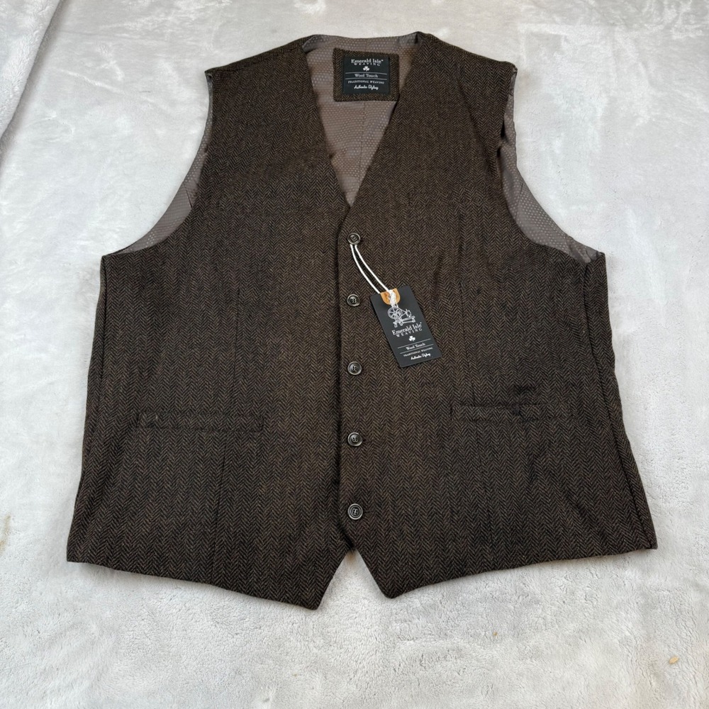 Emerald Isle Weaving Brown Herringbone Wool Blend Waistcoat Vest Mens XXL
